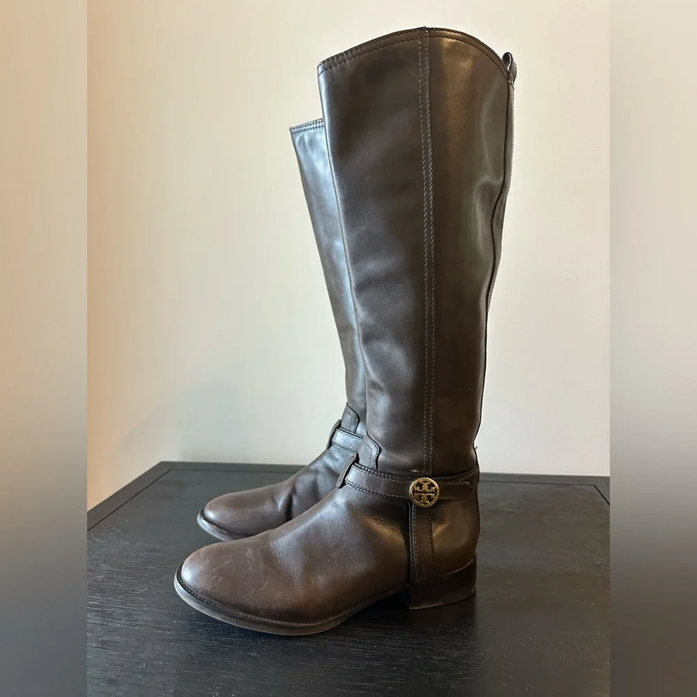 Tory Burch Bristol Brown Coconut Gold Leather Riding Boots Knee Both Size 8.5